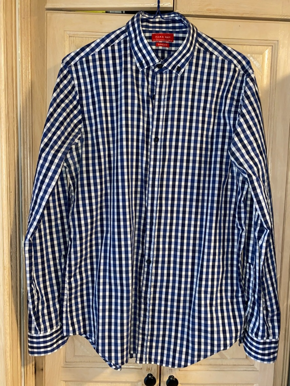 Zara Blue and White Gingham Button-Down Shirt size Large super slim fit